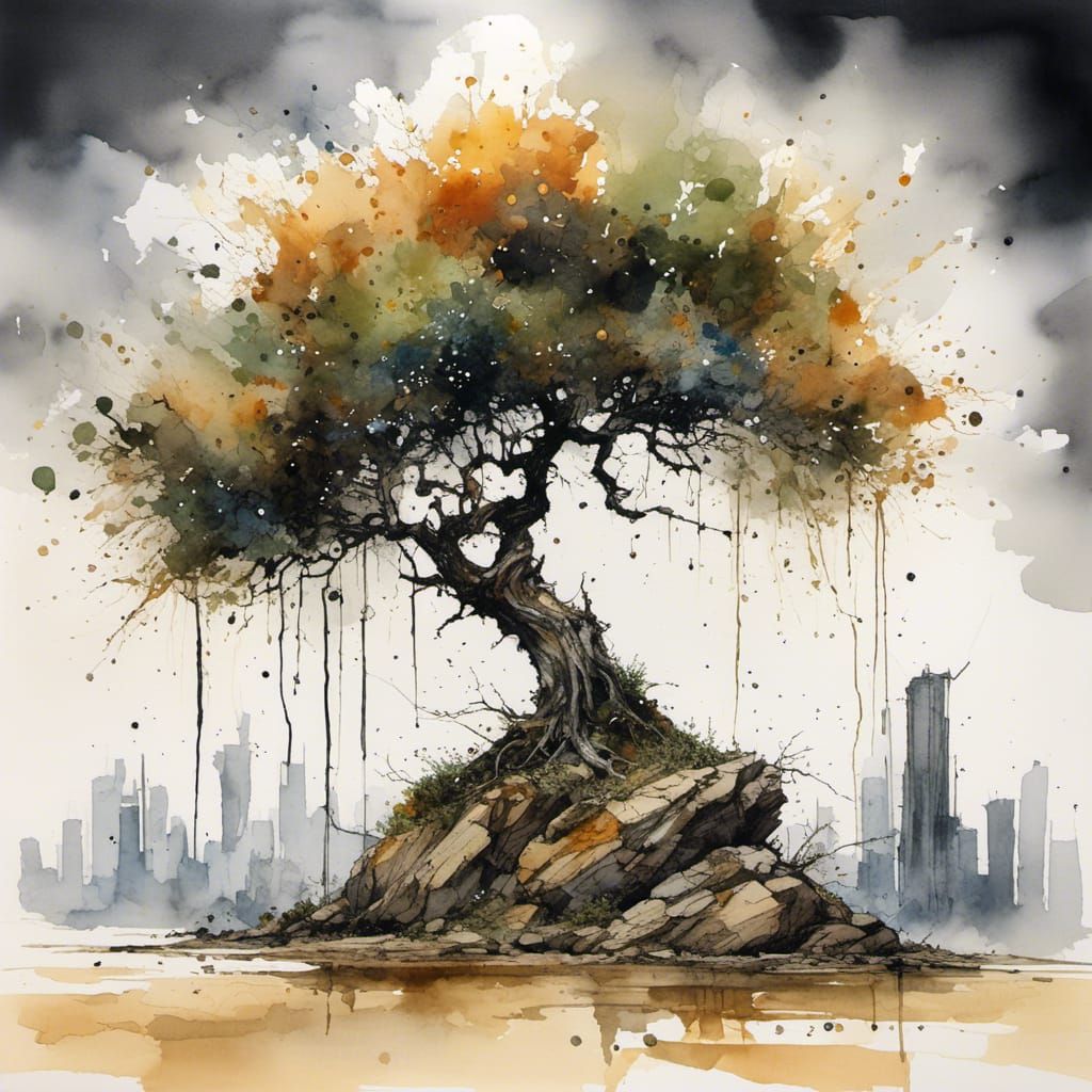 Lone Tree in Post-Apocalyptic Wasteland: Watercolor Art