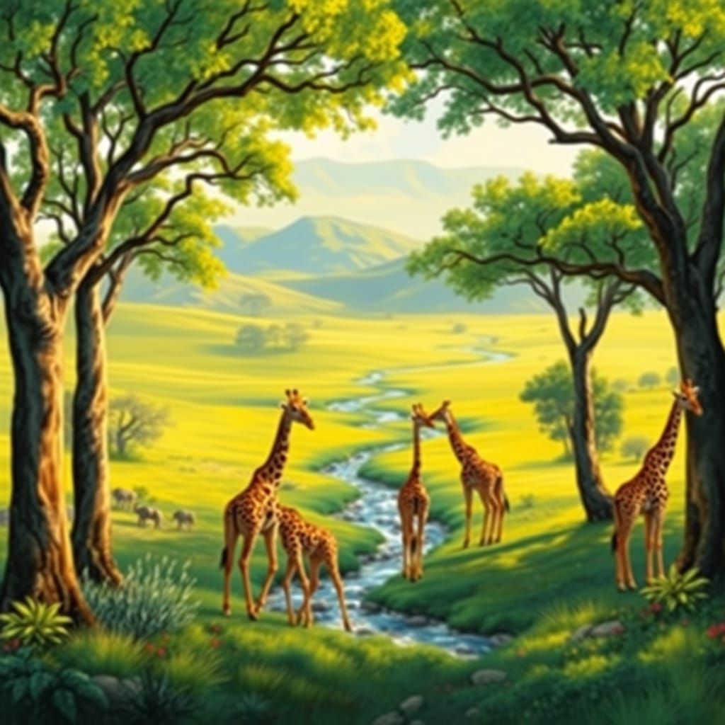 Serenely Roaming Giraffes in a Vibrant African Savannah