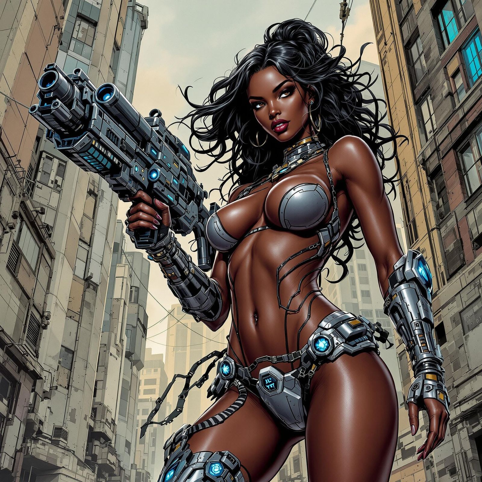 Ebony Warrior in High-Tech Armor Bikini