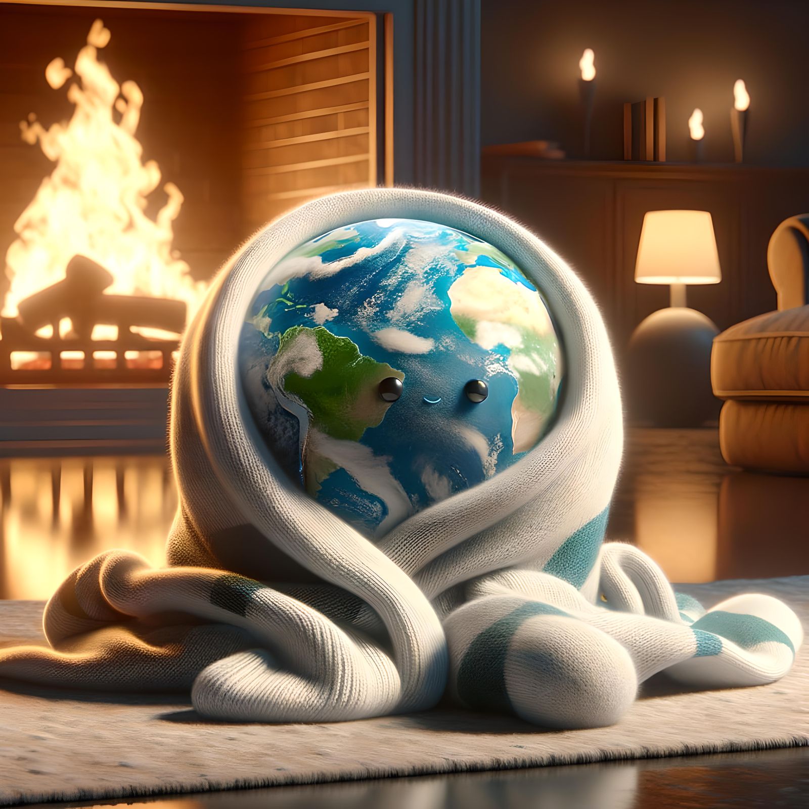 Cartoon Earth Snuggled in Cozy Blanket