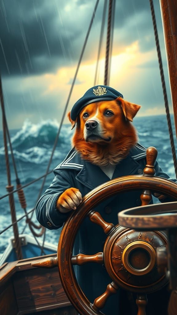 Majestic Dog Steers Through Stormy Seas as Vintage Sailing S...
