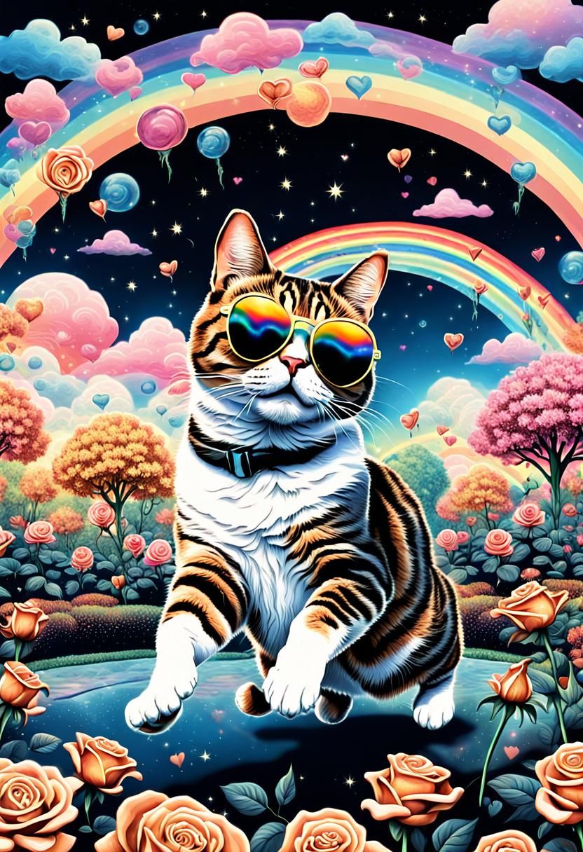 Tabby Cat in Sunglasses Leaping in Alien Garden