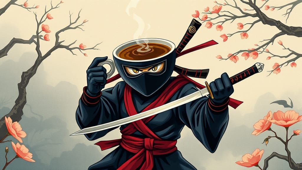 Ninja Cappuccino Cup in a Japanese Garden Scene