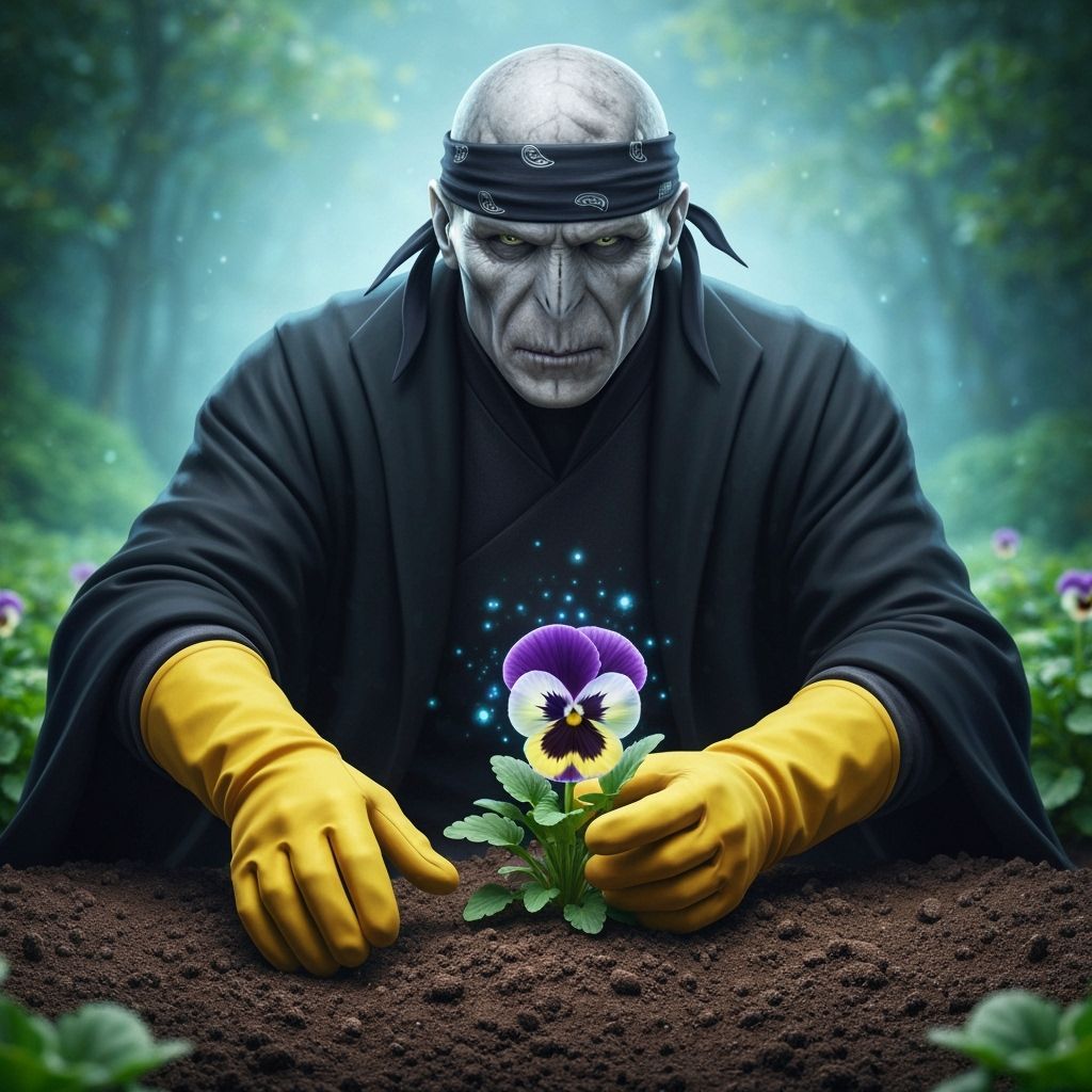 Voldemort Tends Magical Pansy Flower in Garden