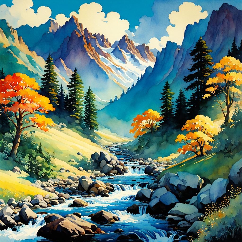 Mountain Stream in Watercolor, Parrish Style