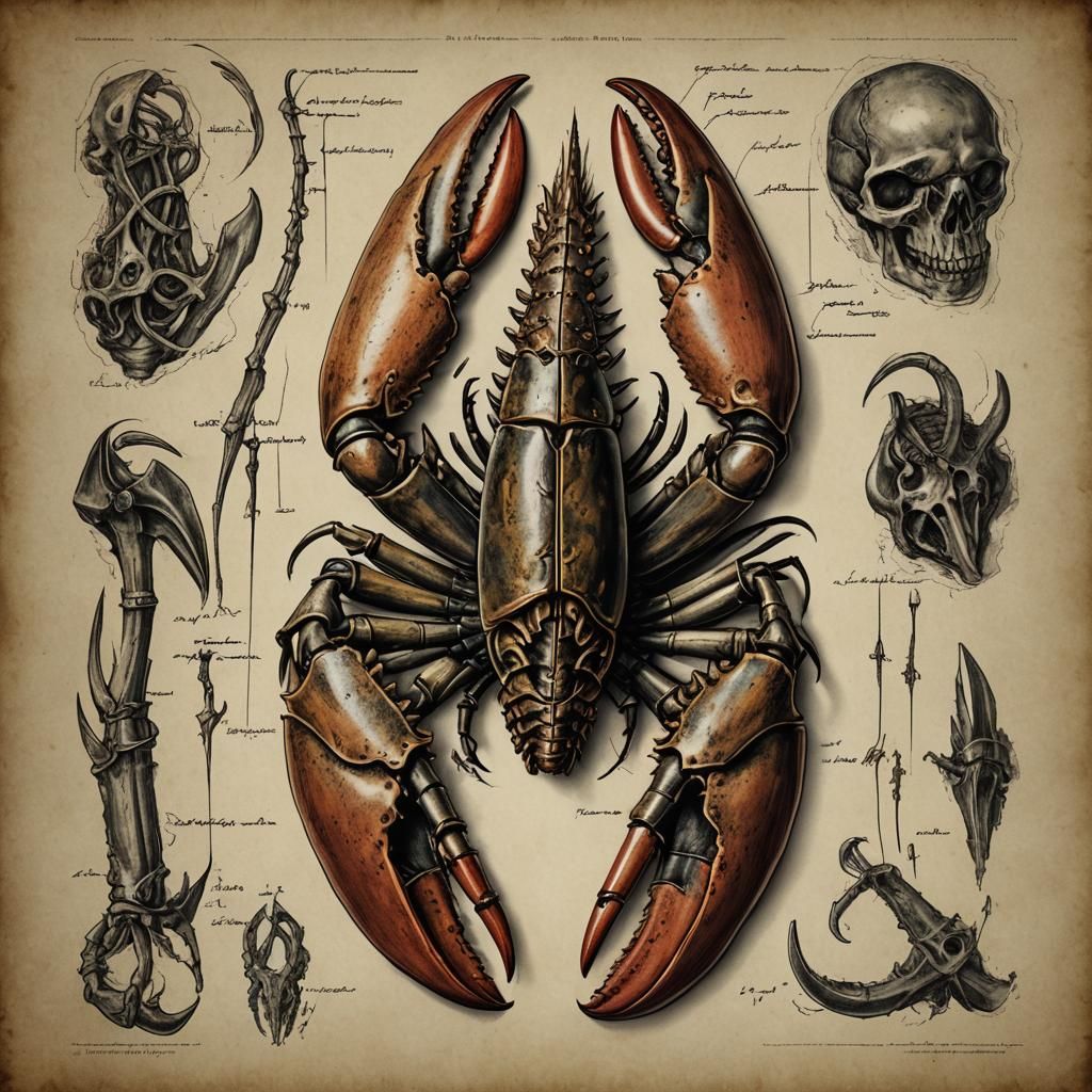 Lovecraftian Lobster Claw Anatomy on Old Paper