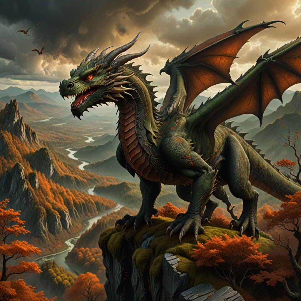 Epic Forest Dragon Soars Over Autumn Valley in Epic Digital....