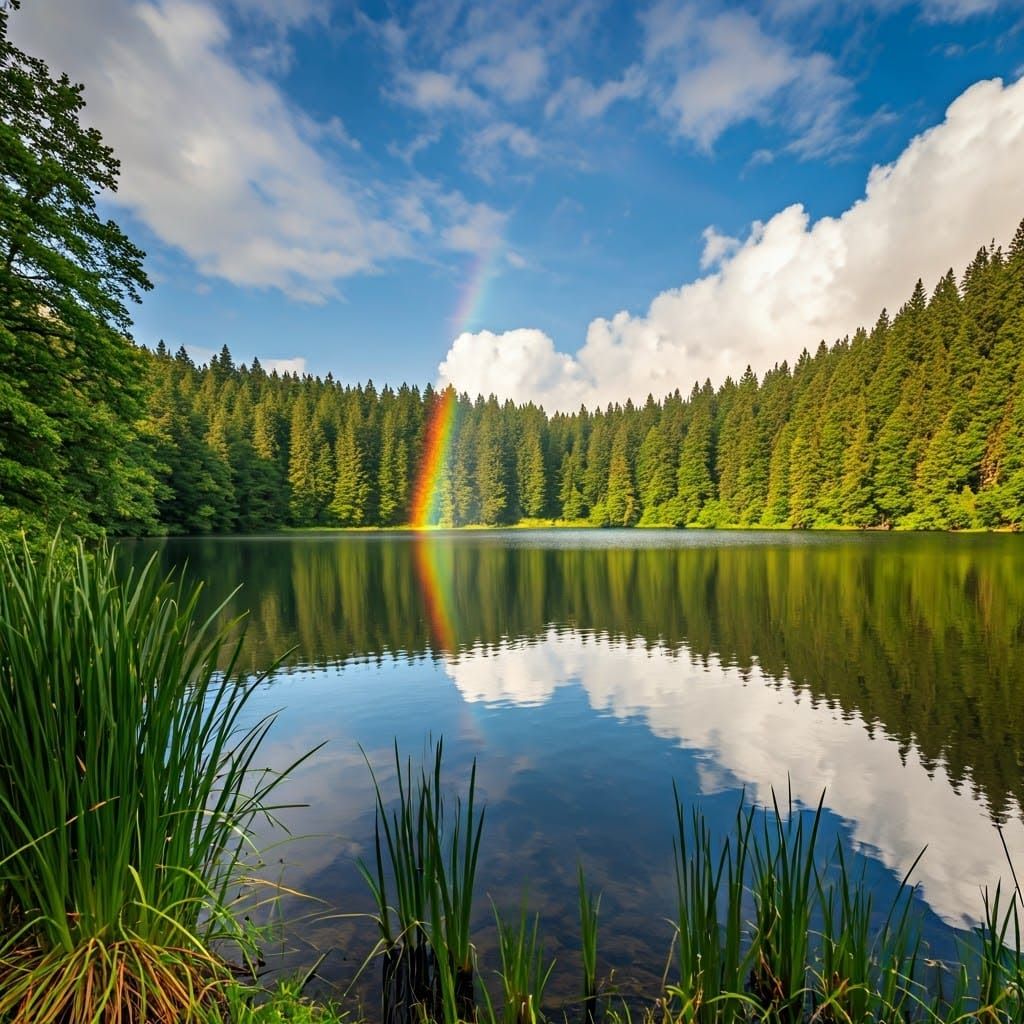 Rainbow Reflected in Lake: Serene Landscape Photography