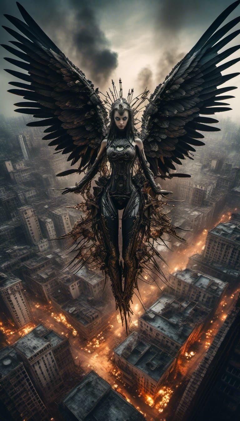 Bio-Mechanical Angel Over Dystopian City in Steampunk Style