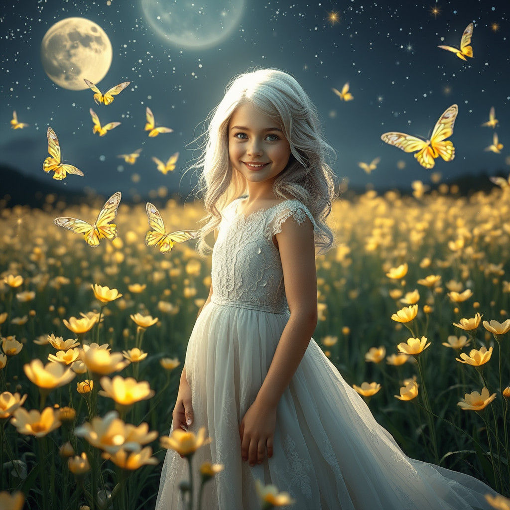 Girl in Moonlit Meadow with Crystal Flowers