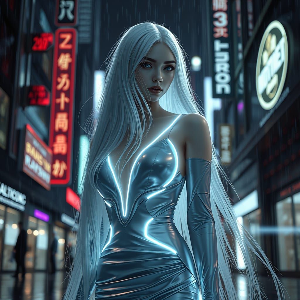 Futuristic Woman in Cyberpunk Cityscape