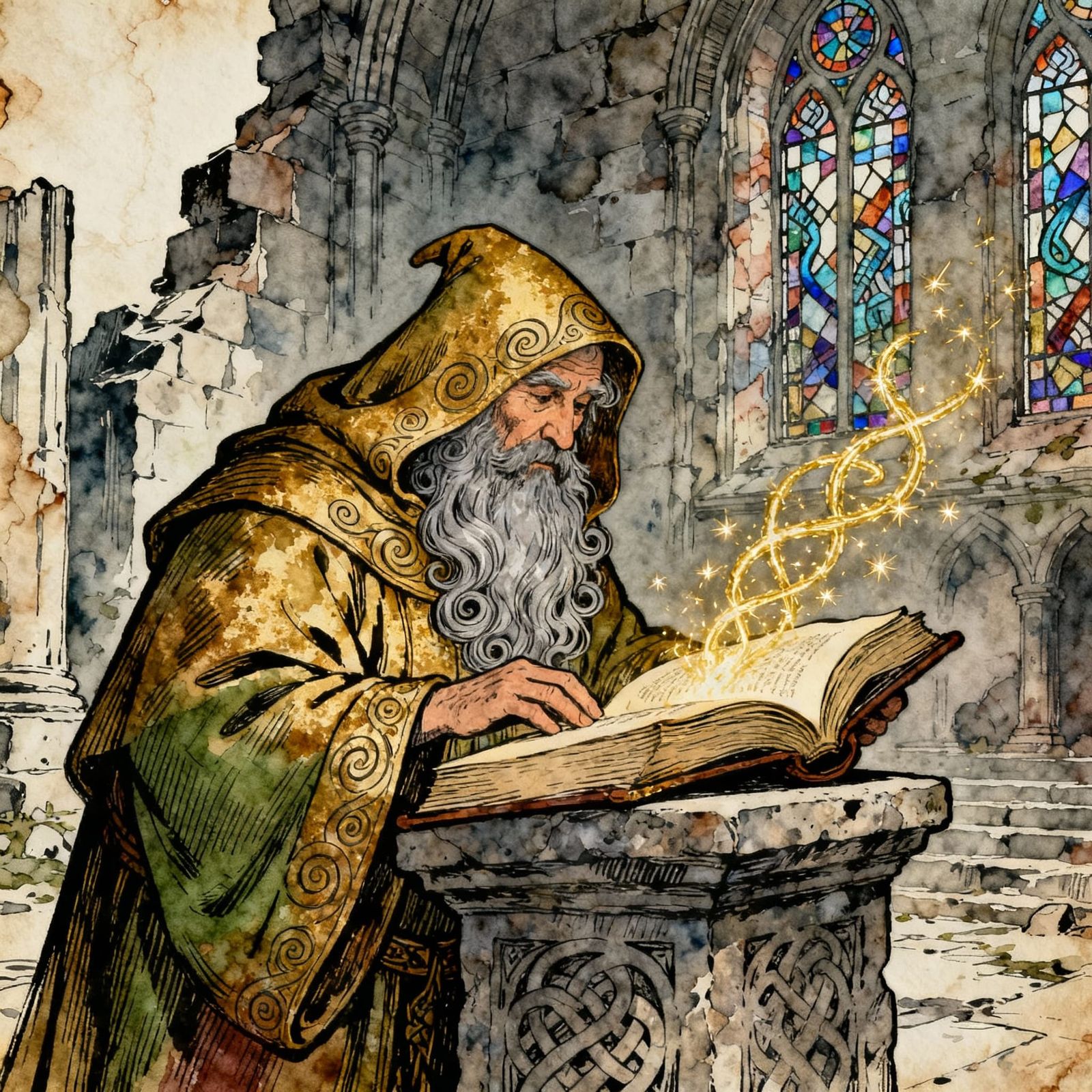 Wizard Studying Ancient Tome in Ruined Temple