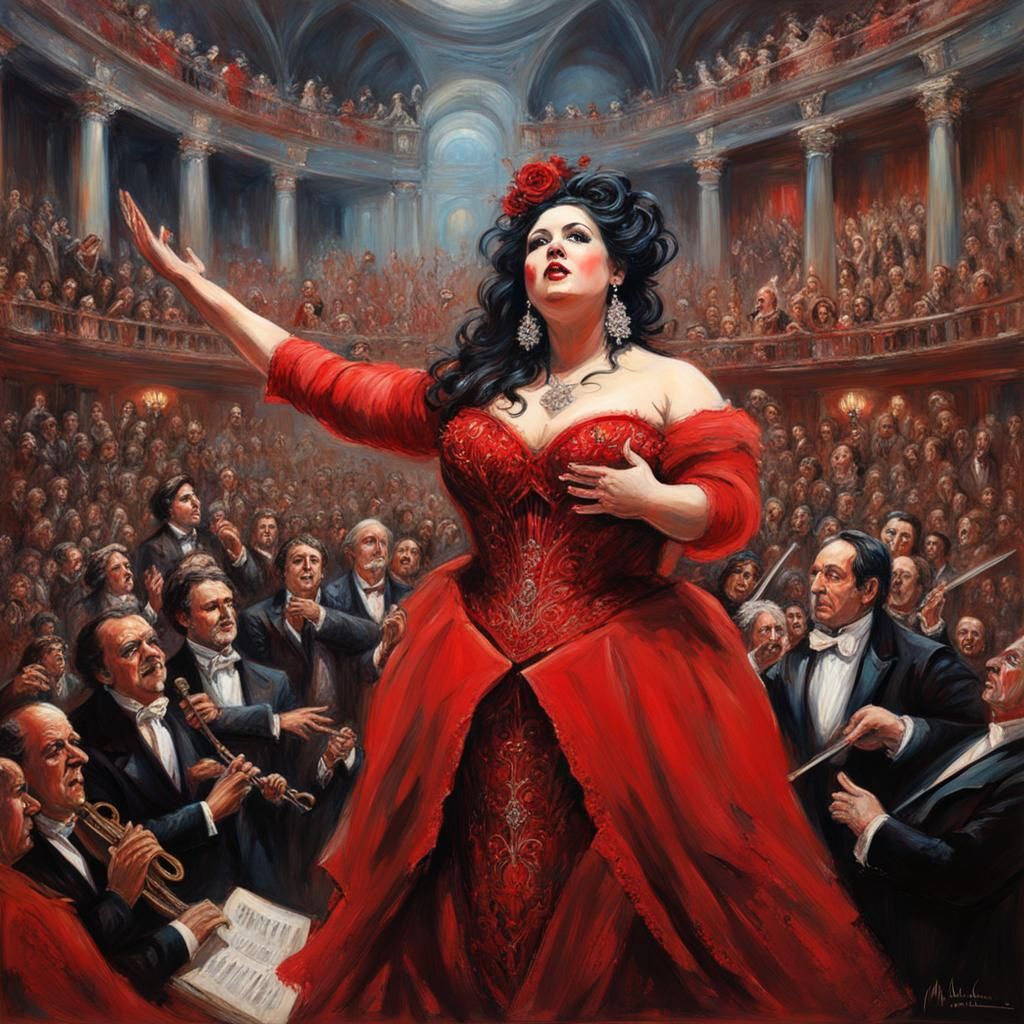 "Iconic female opera singer in red."