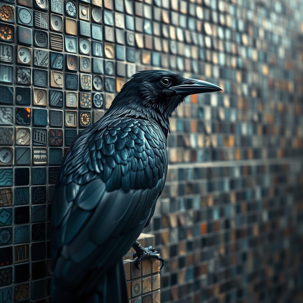 Raven on Mosaic Wall in Hyperrealistic Detail