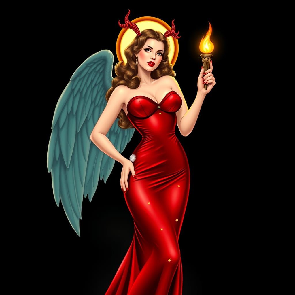 Vintage Goddess Pin-Up in Red Gown with Stars and Crescent M...