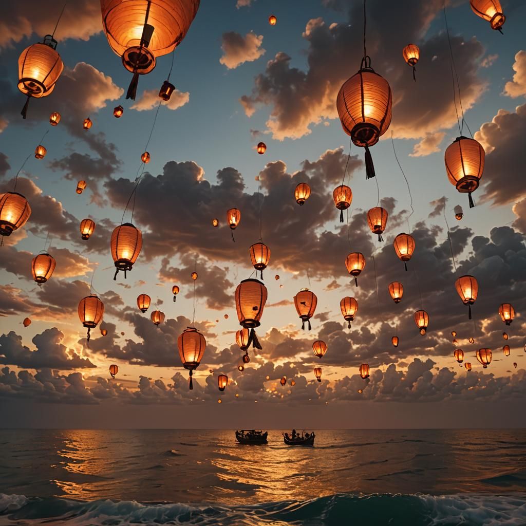 Ocean Sunset with Lanterns in Renaissance Style