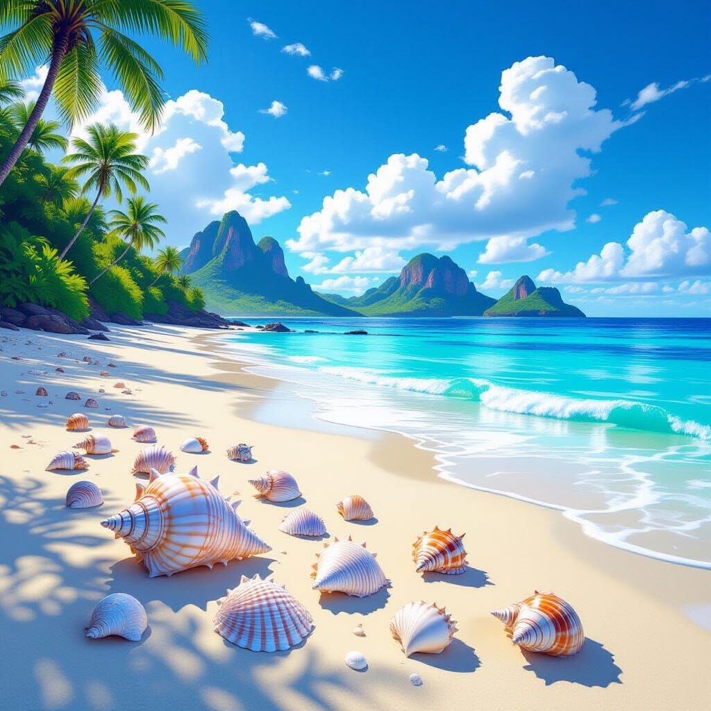 Iridescent Seashells on Pristine Beach Fantasy Art