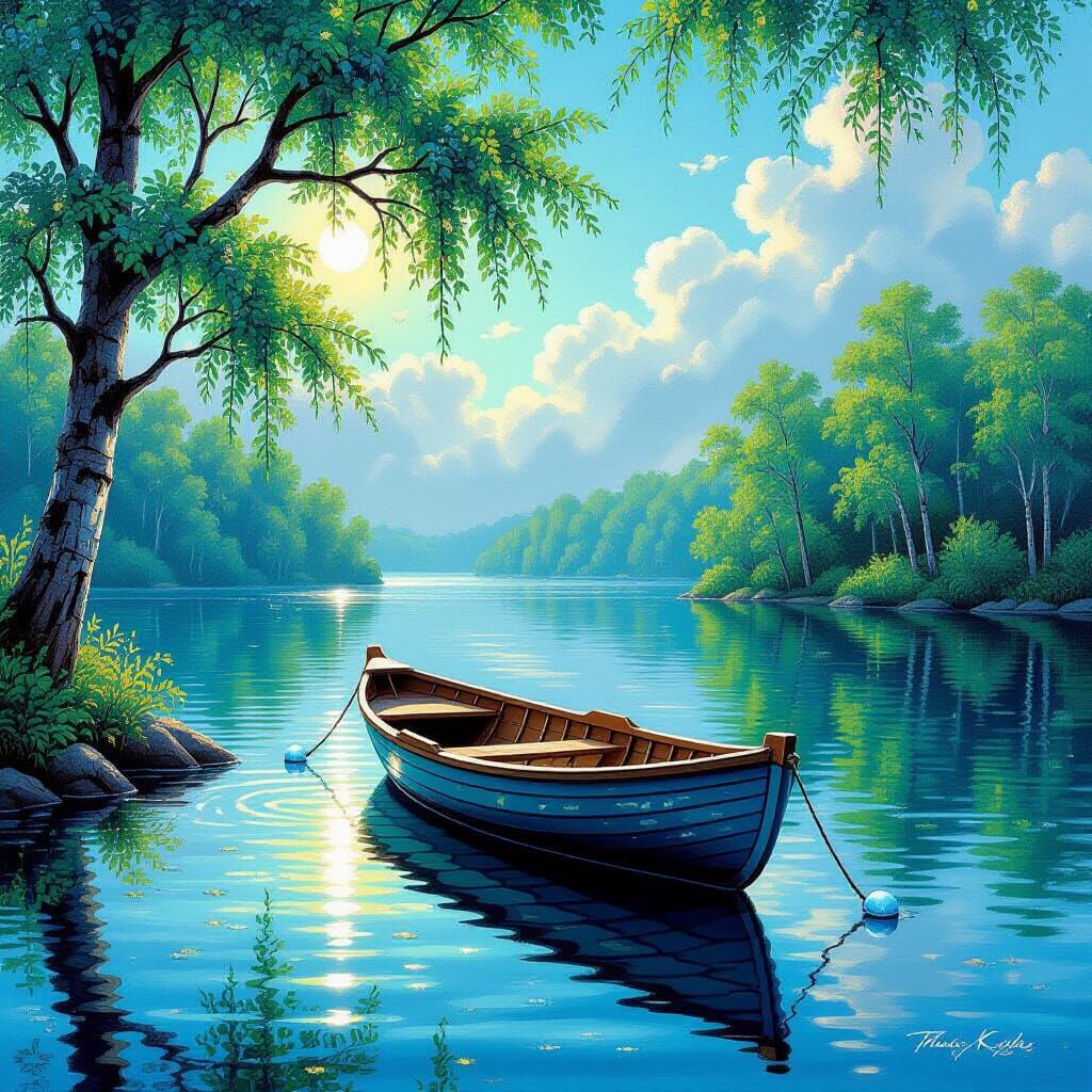 Beaded Boat on Tranquil Lake in Kinkade Style