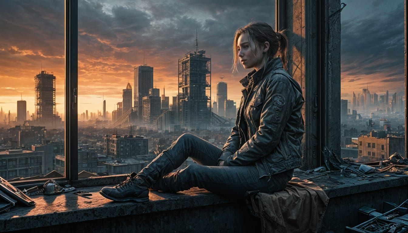 Girl Looks Out Over Ruined City from Window Seat