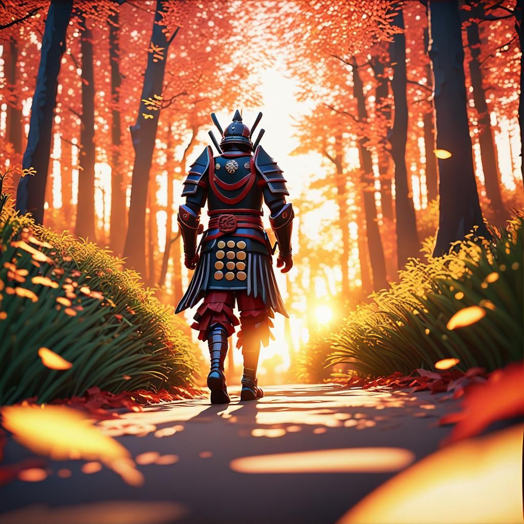 Samurai in Autumn Forest: Anime-Inspired 3D Art