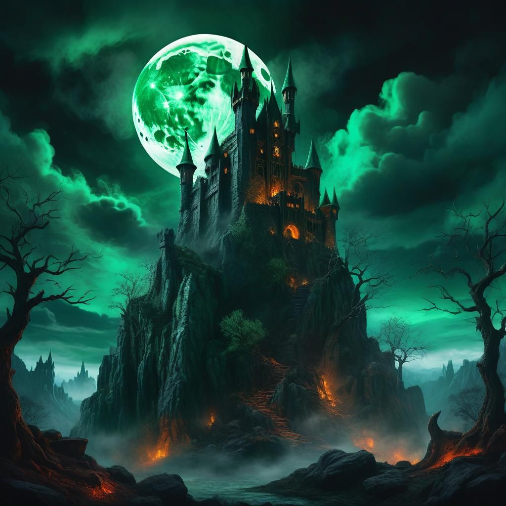 Eerie Dark Castle Painting on Cliffs at Night