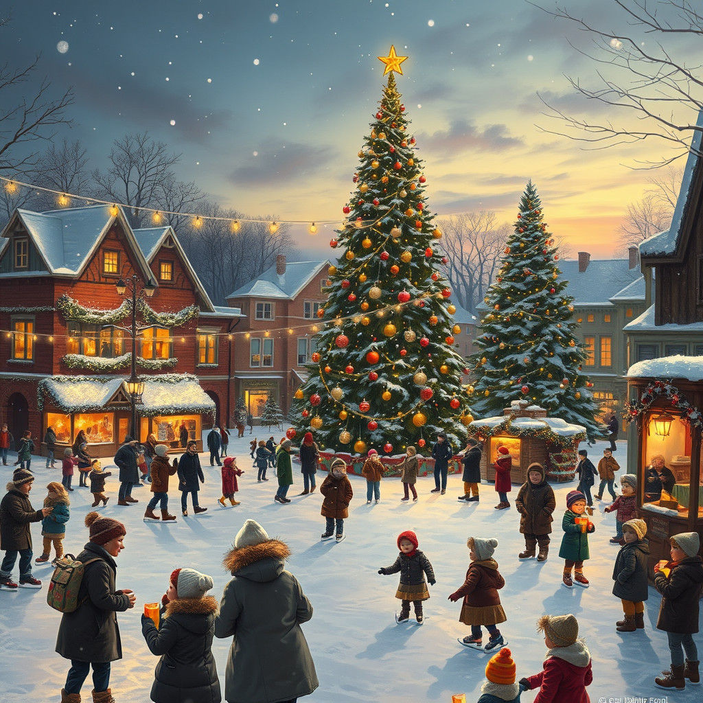 Festive Winter Town Square Scene in Rockwell Style