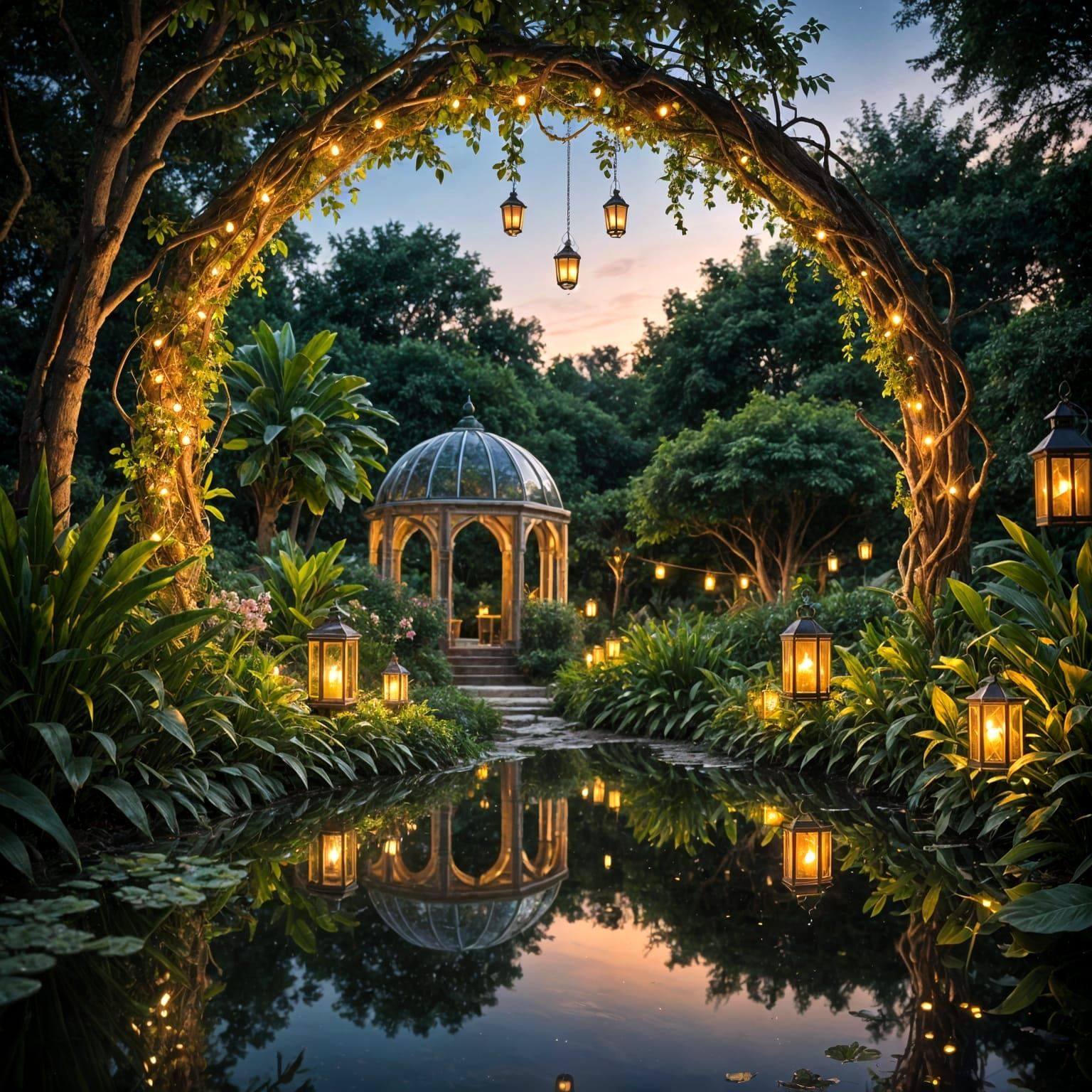 Enchanting Garden Archway at Twilight With Reflective Pond