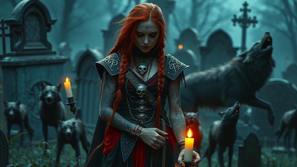 Gothic Necromancer Summons Undead in Ruined Cemetery