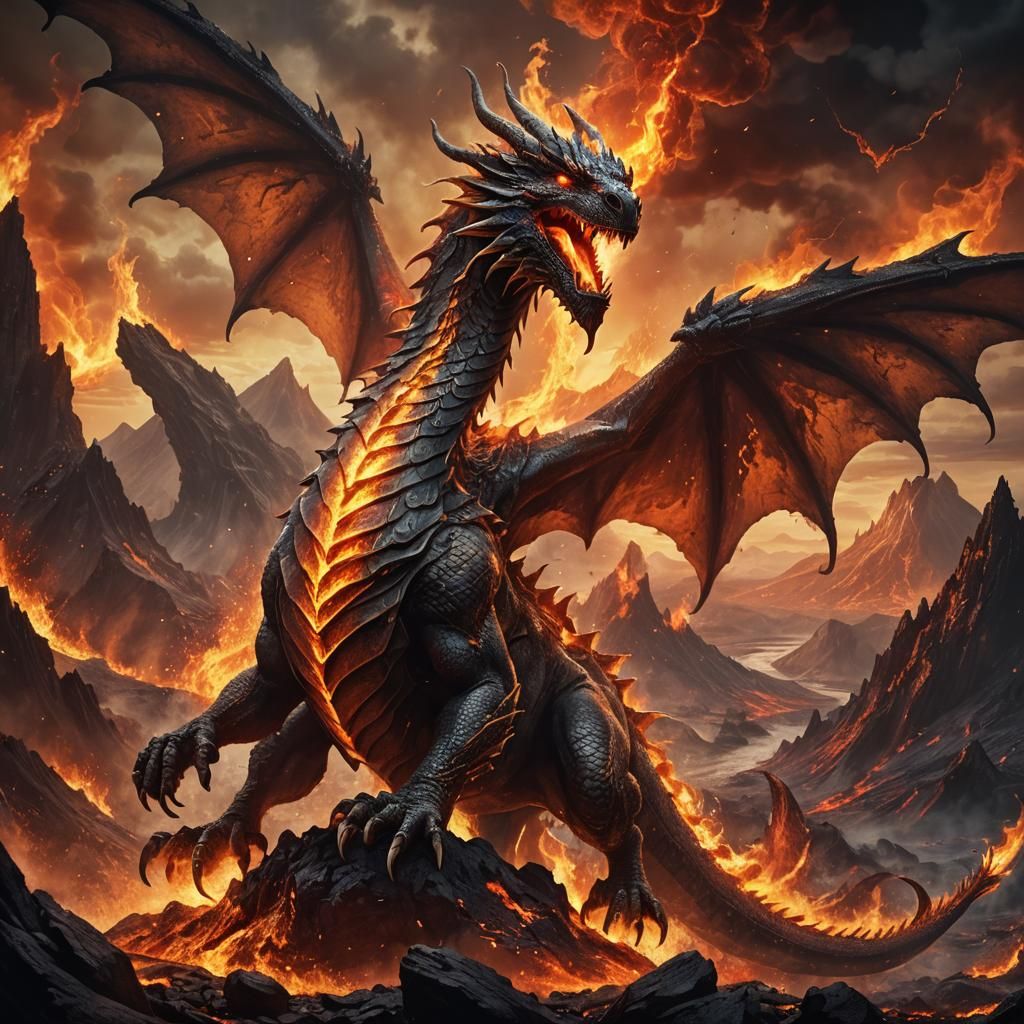 Majestic Dragon Rising from Ashes in Volcanic Landscape