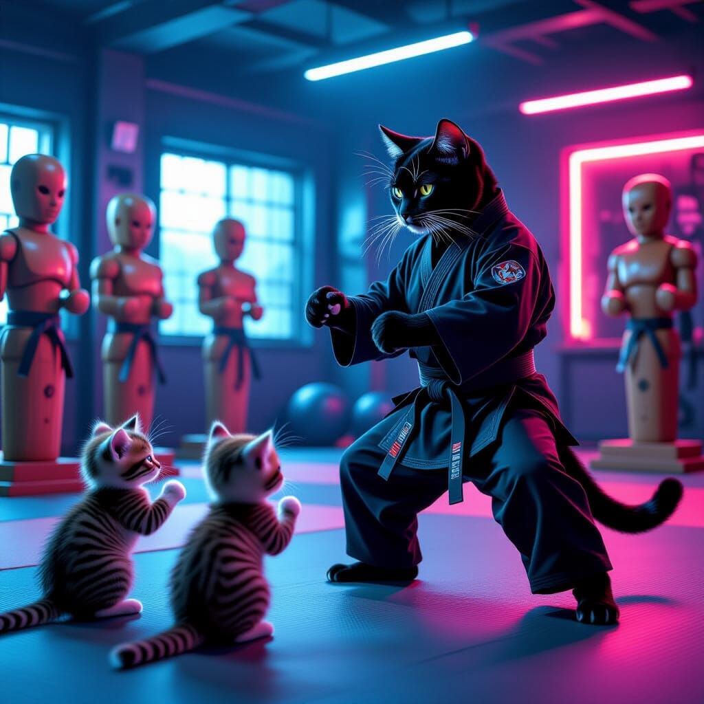 Neon Dojo: Dad Cat Teaches Kittens Martial Arts