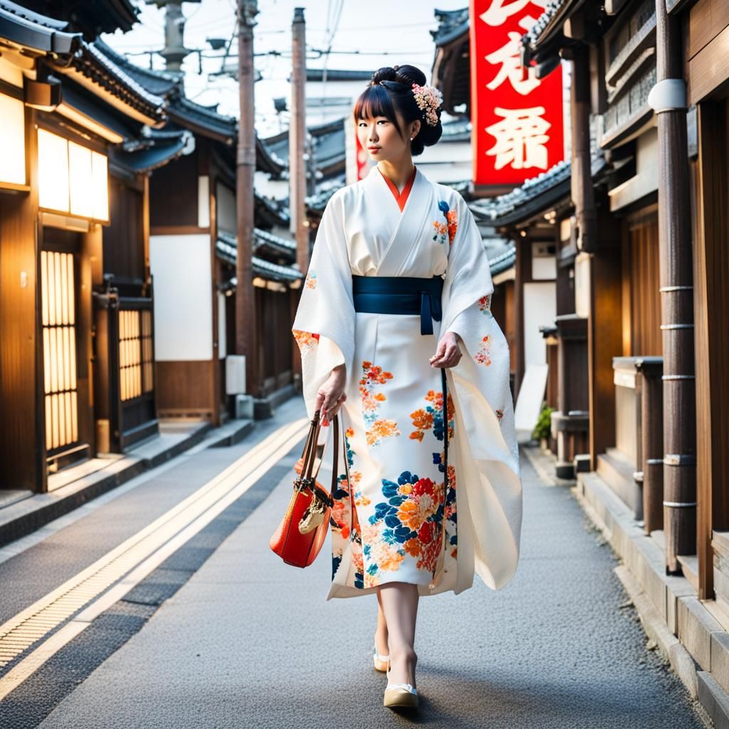 Girl in Kimono Walking on Japanese Street