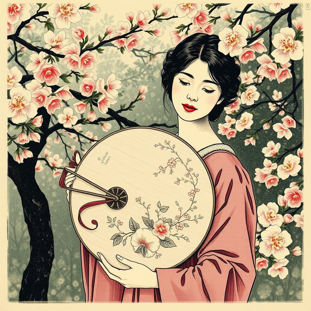 Woman in 17th-Century French Impressionist Garden with Cherr...