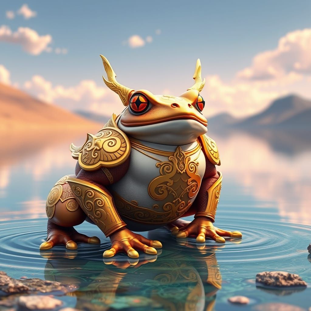 Majestic Frog in Golden Armor Basks in Serene Lake Scene
