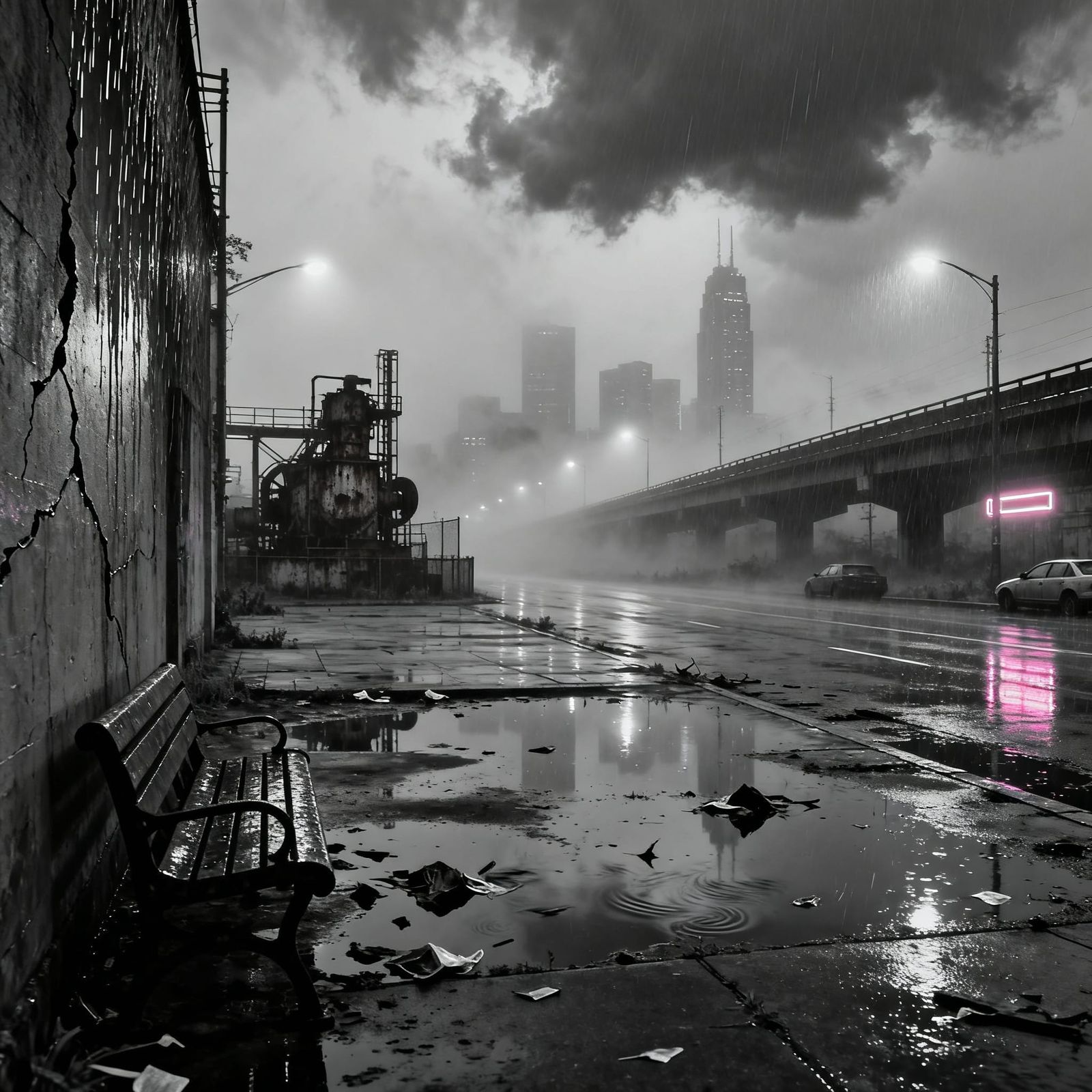 Cinematic Grayscale Mood of Foggy Industrial Park