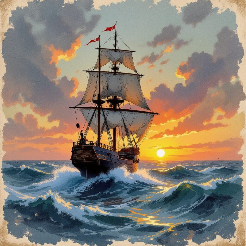 Vintage Ship Sails Stormy Sea as Ink Wash Painting