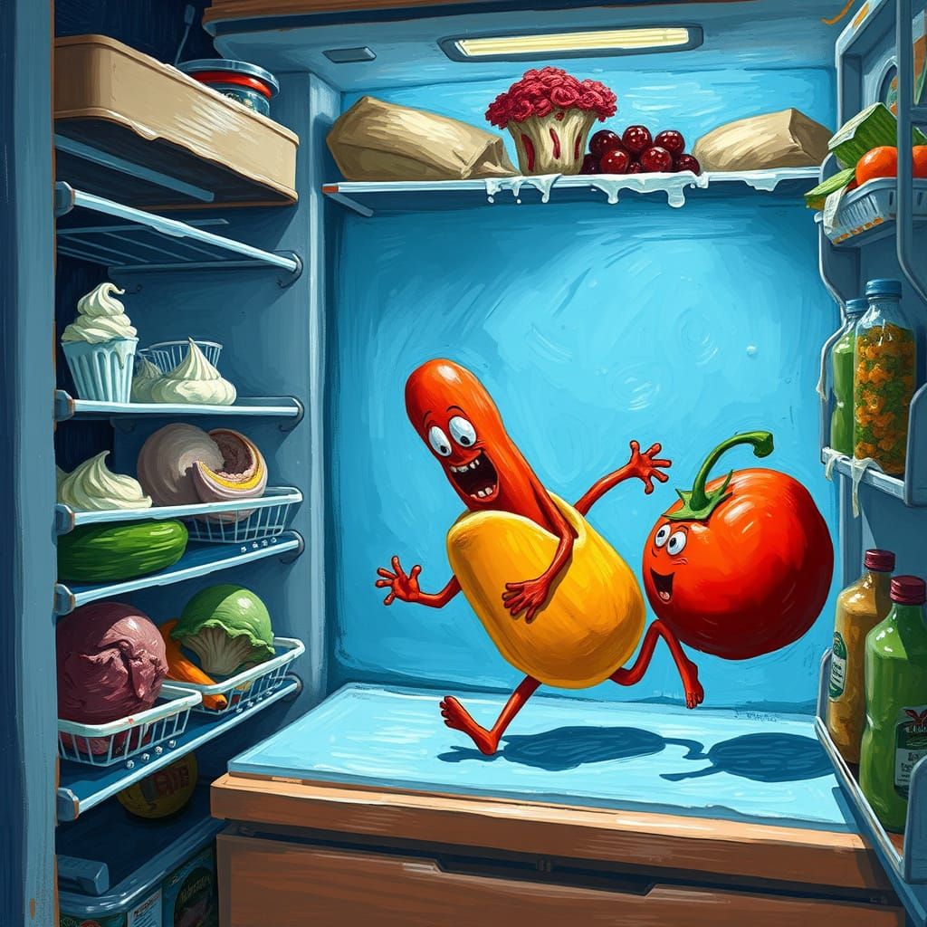 Van Gogh Style Hot Dog Chases Tomato in Surreal Fridge