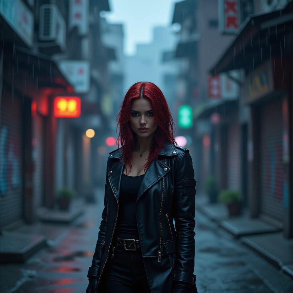 Cyberpunk Shadowrunner Navigates Rain-Soaked Alleyway