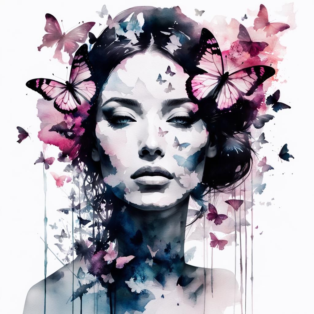 Butterfly Silhouette Double Exposure Watercolor