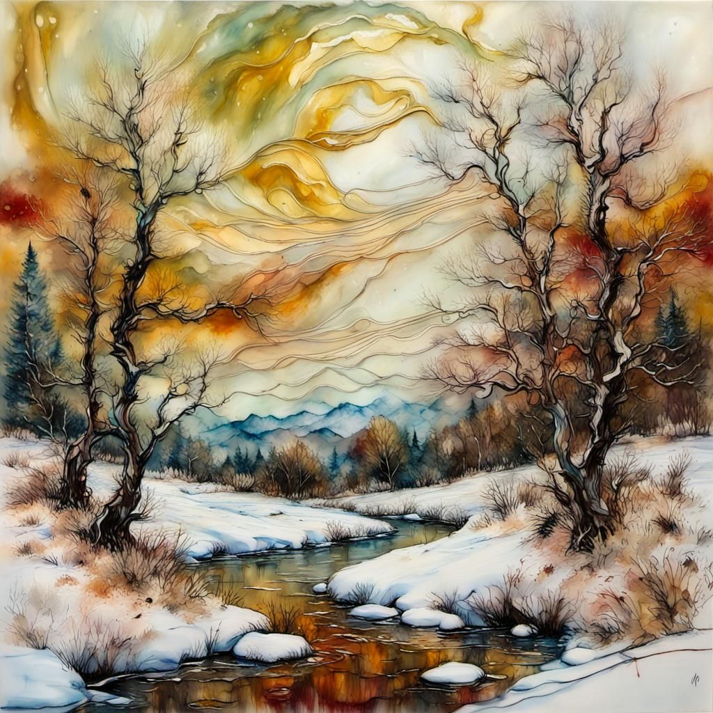Encaustic Winter Landscape in Post-Impressionist Style