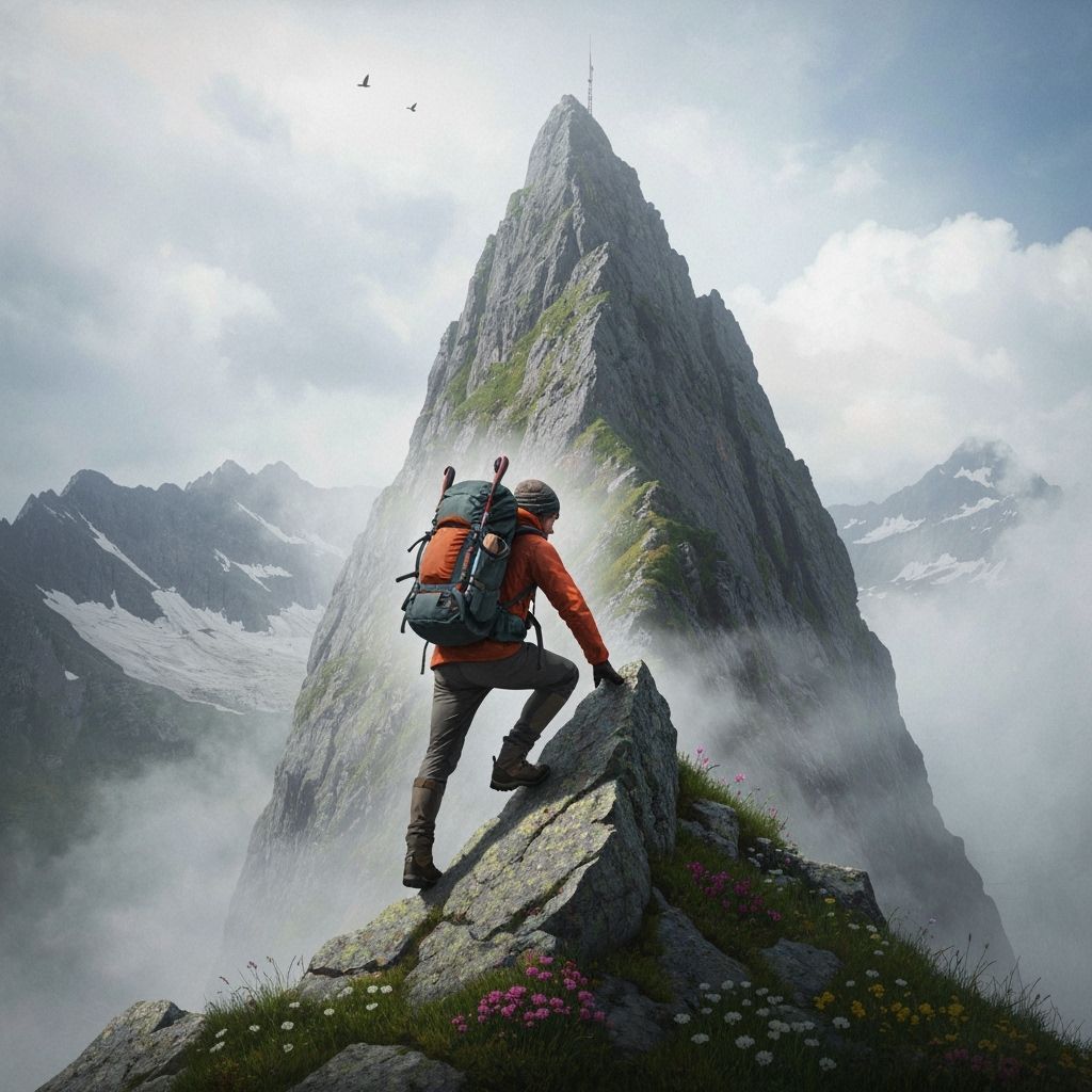 Hiker Climbs Majestic Mountain in Impressionist Style