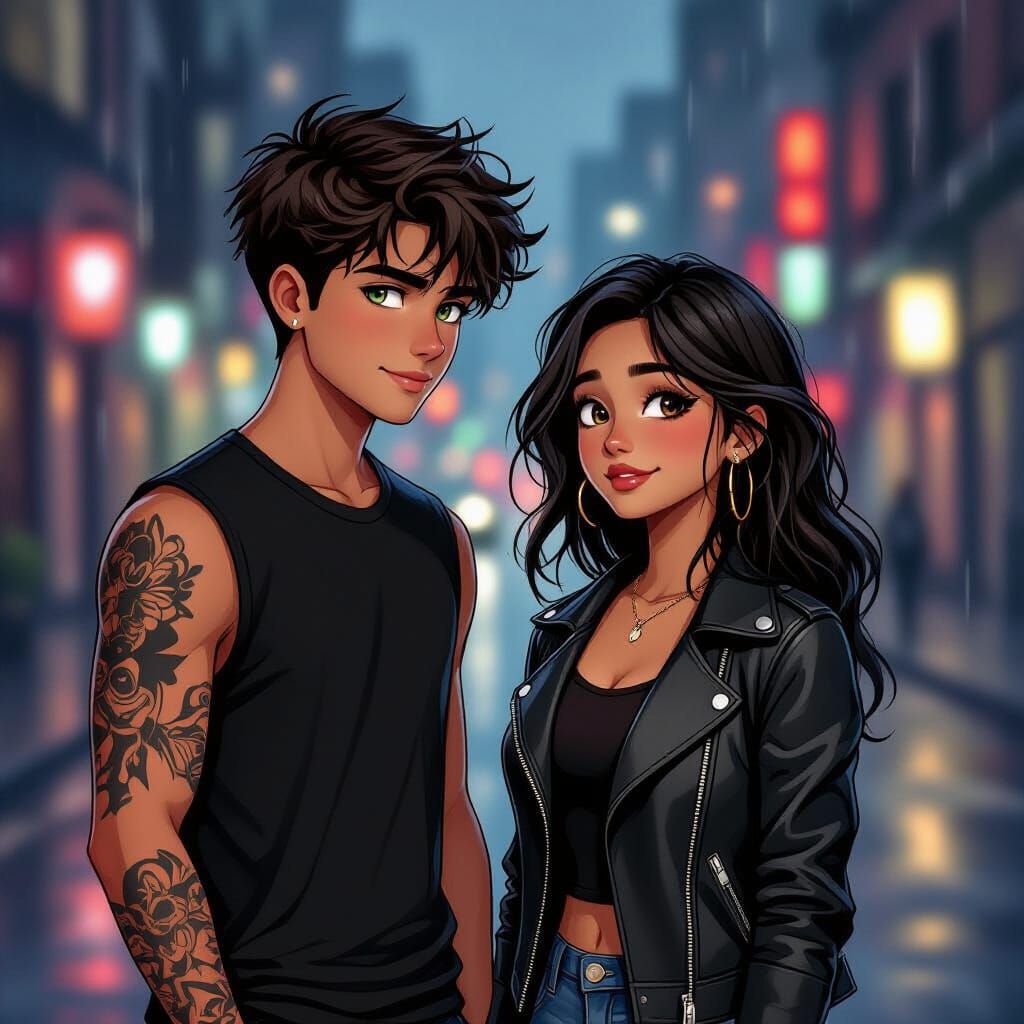 Couple in Rainy City: Manhwa Style Illustration