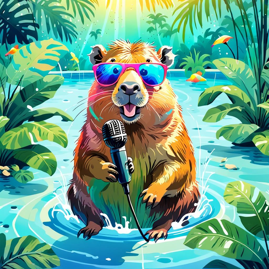 Capybara Karaoke: A Whimsical Watercolor Style Image