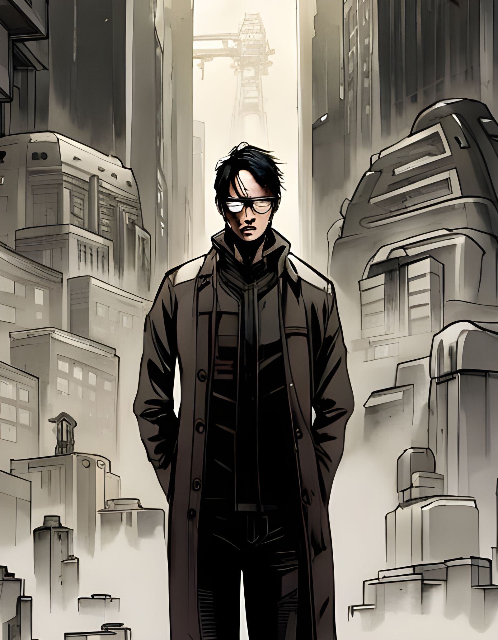 Manga Comic Cover: Man and Mecha in Neo-Tokyo