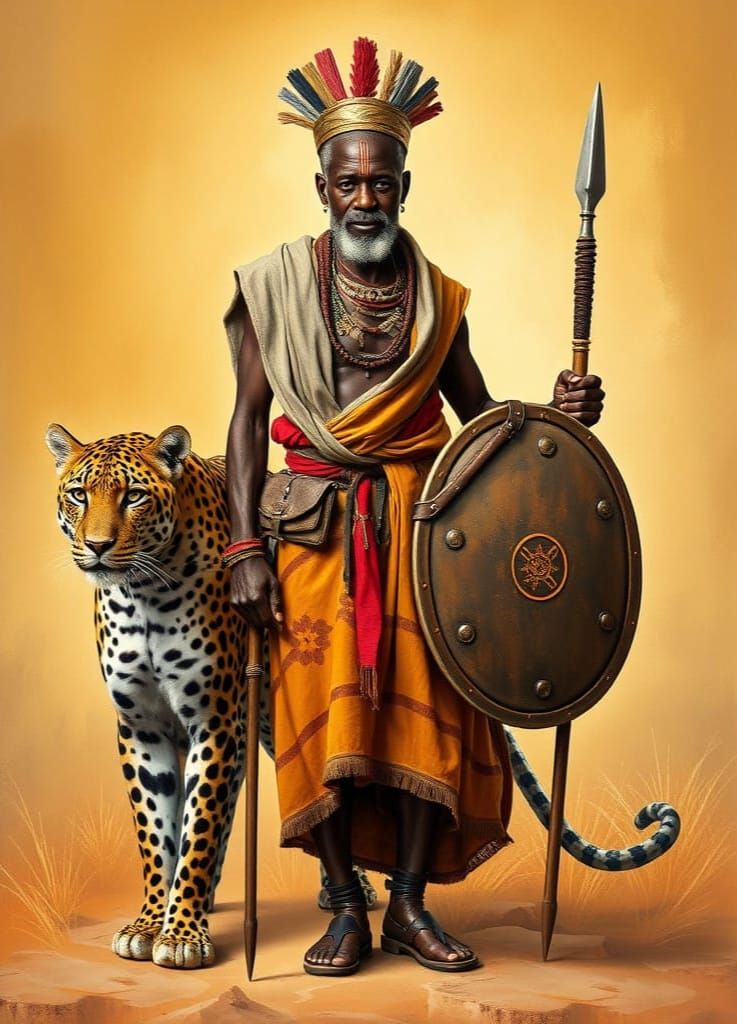 African Leopard Warrior in Traditional Attire