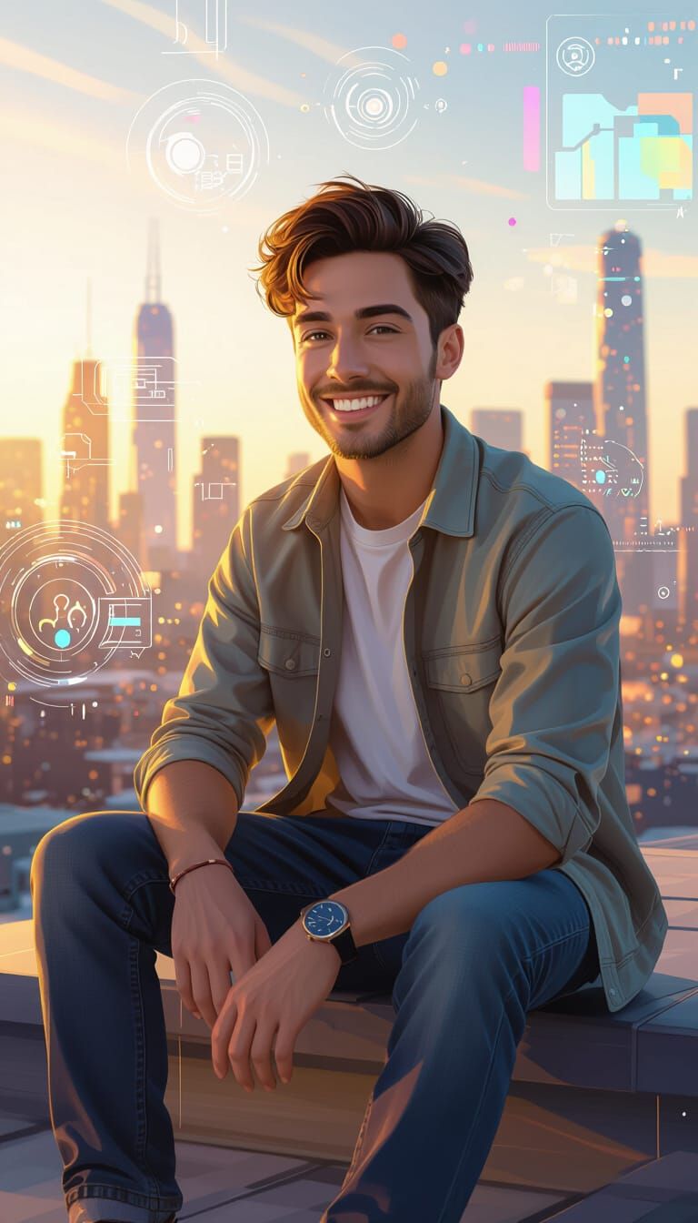 Young Man on Rooftop in Golden Hour Cityscape