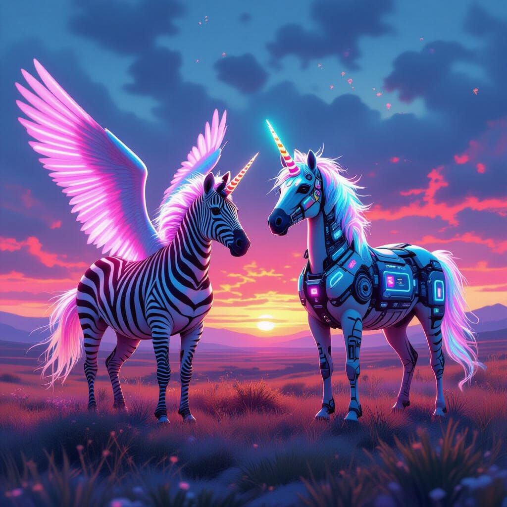 Winged Zebra and Neon Unicorn in Dreamscape