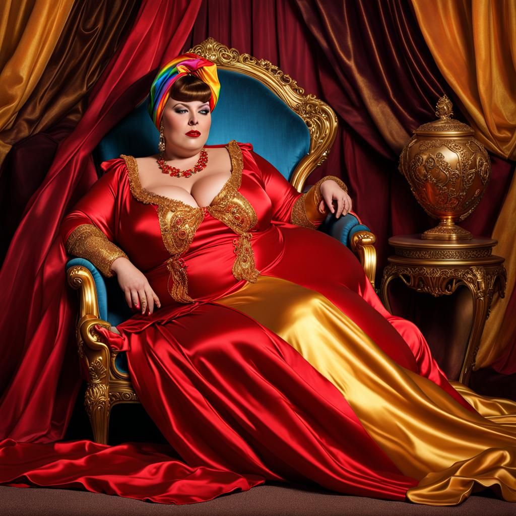Realistic Artistic Sissy Satin Flamboyant Statuesque Glamorous Big Beautiful Woman BBW Woman relaxing supine on a Chaise...