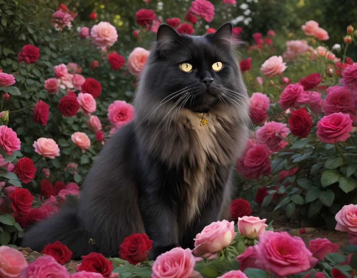 Black British Longhair Cat in English Rose Garden