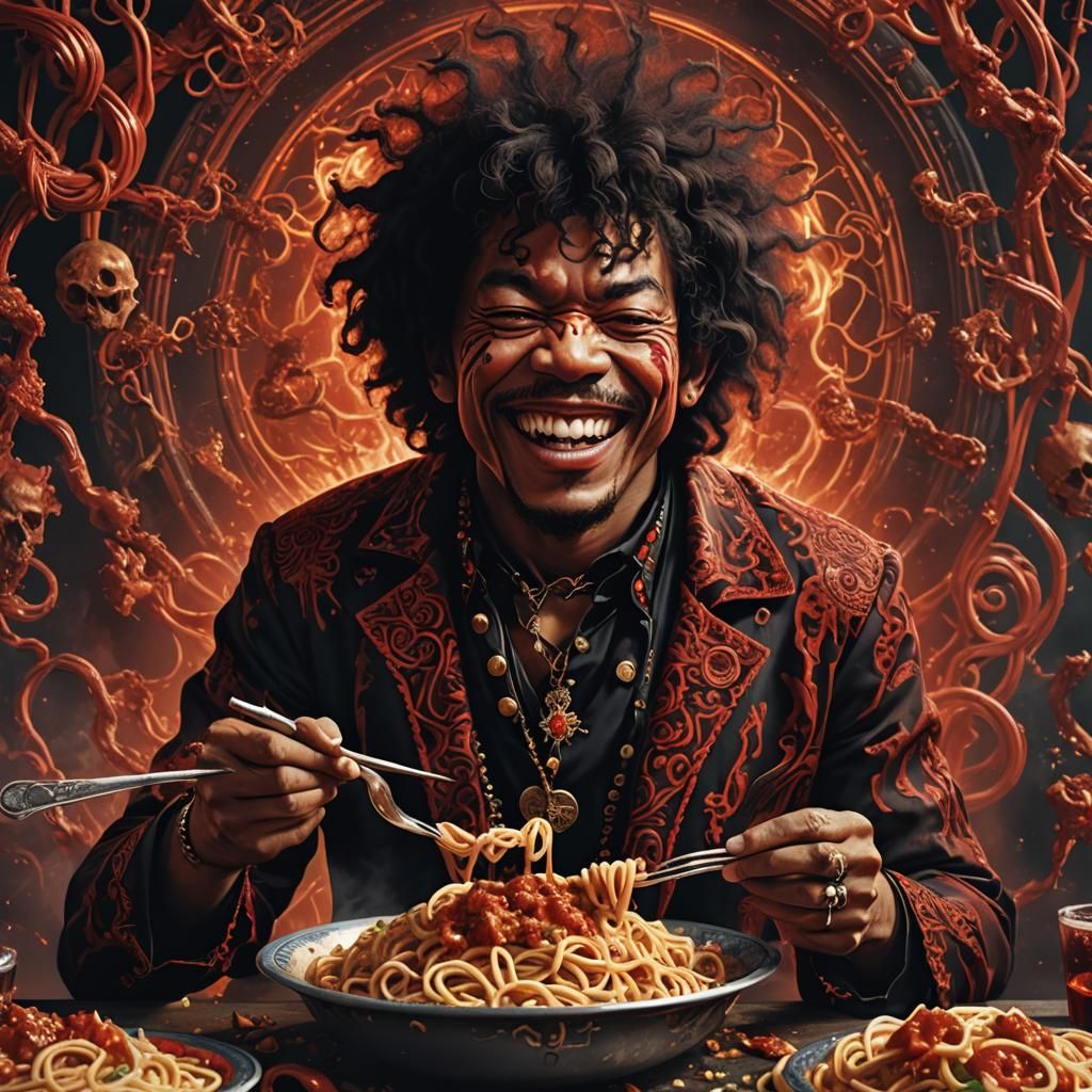 Satanic Jimi Hendrix eating spaghetti