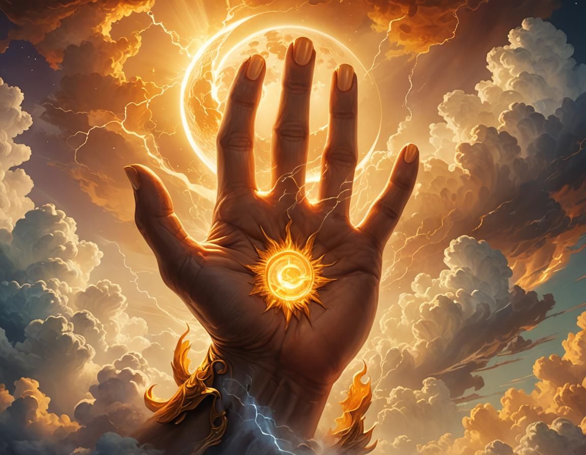 Giant Hand Holding Sun and Moon in Dreamlike Sky